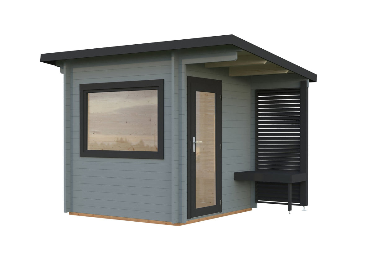 Leil 230 sauna house, factory painted light grey with anthracite trim