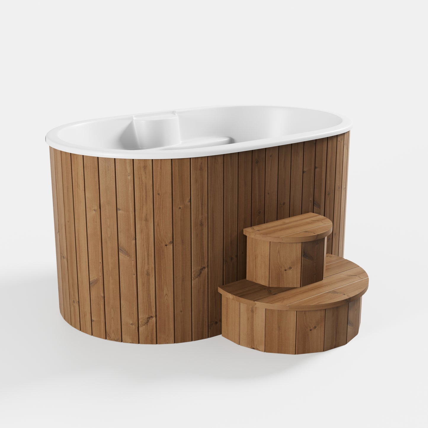 Steam & Oak Halla Twin two-person oval cold plunge tub in thermowood with timber steps