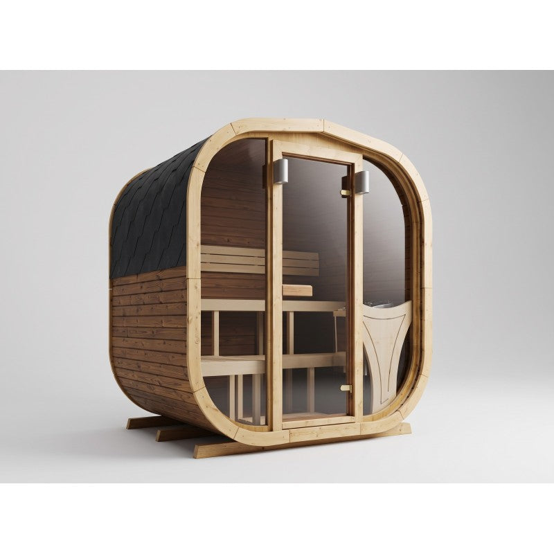 1.6m Cube Sauna exterior, rounded thermowood cube with full-height glass front
