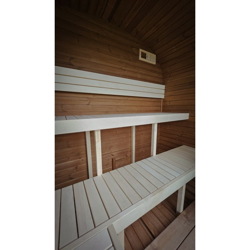 1.6m Cube Sauna interior benches in light linden wood with ventilation grille