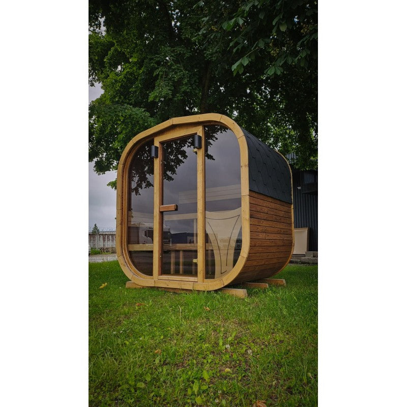 1.6m Cube Sauna side view showing curved profile and bitumen shingle roof