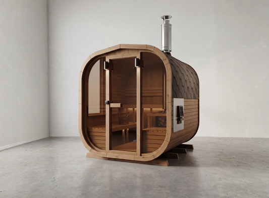 Steam & Oak Cube Sauna 2m in thermowood with panoramic glass front and wood-fired flue