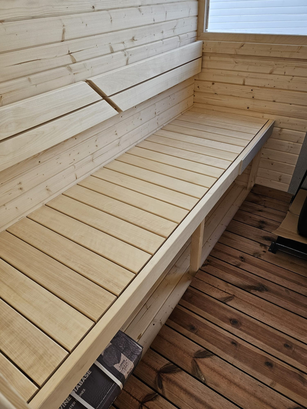 Cube Sauna 2m interior linden bench and backrest detail