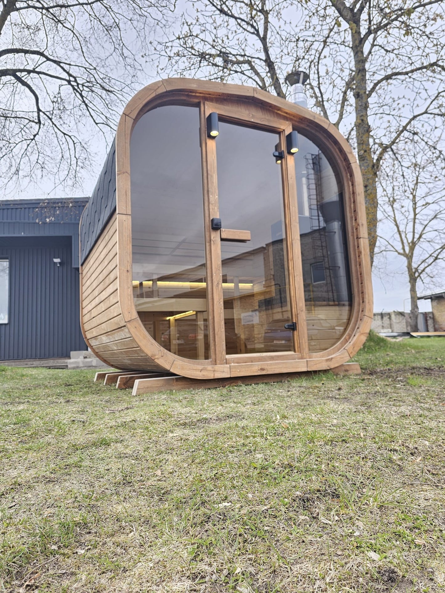 Cube Sauna 2m front elevation showing full-height panoramic glass door and window