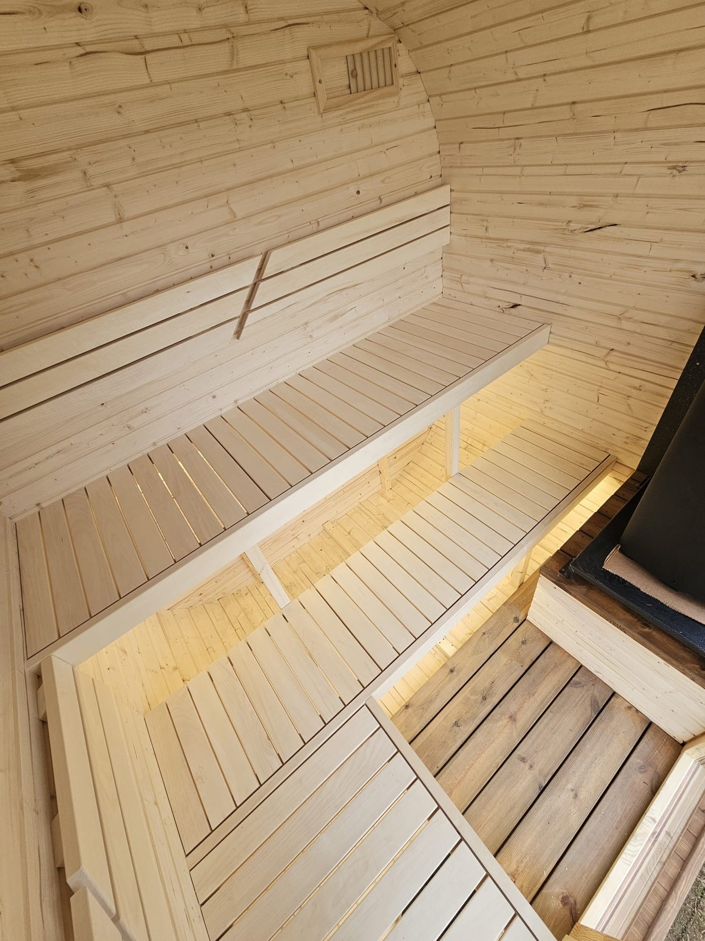Cube Sauna 2m interior bench and floor slat detail in light timber