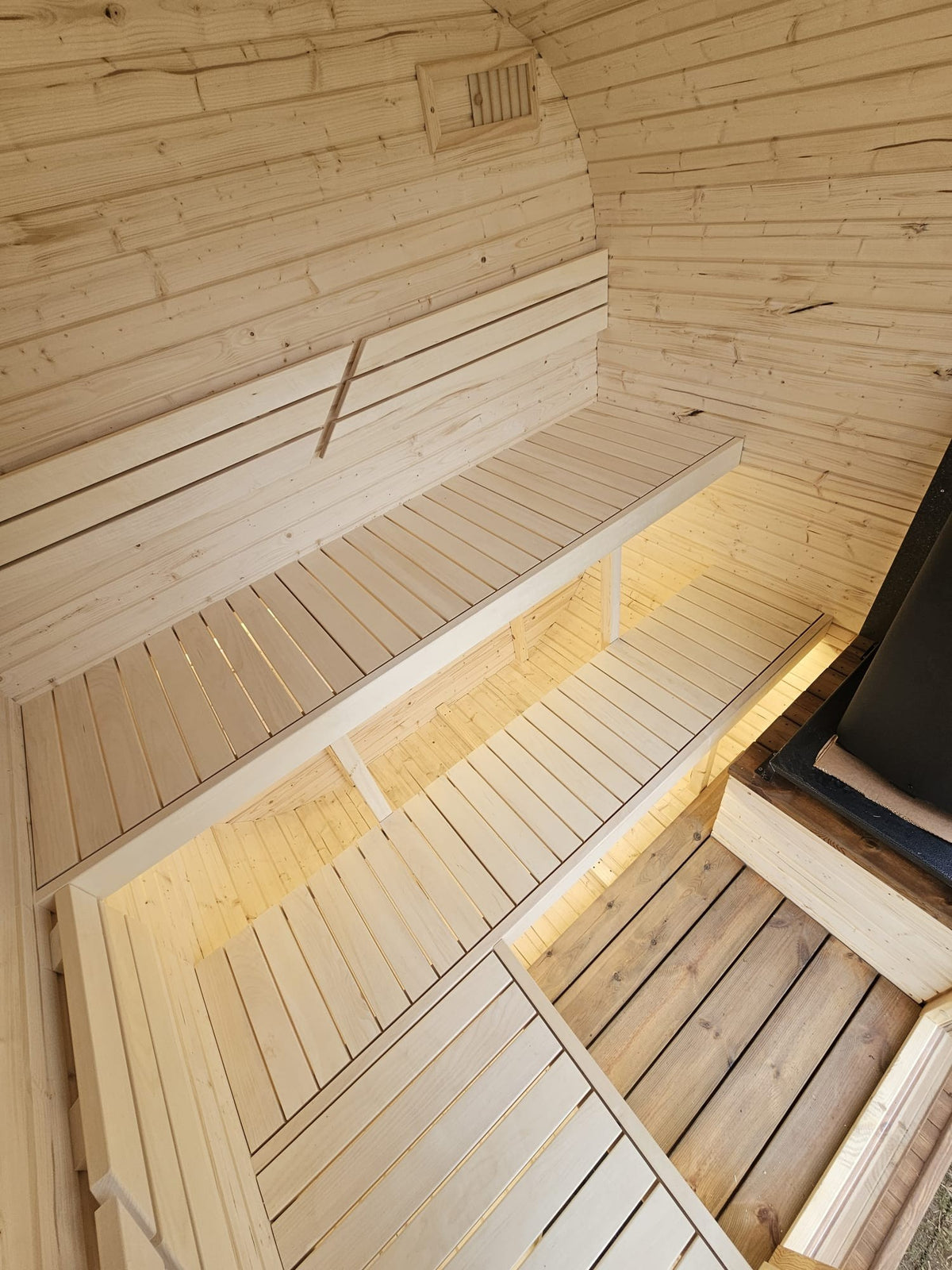 Cube Sauna 2m interior bench and floor slat detail in light timber
