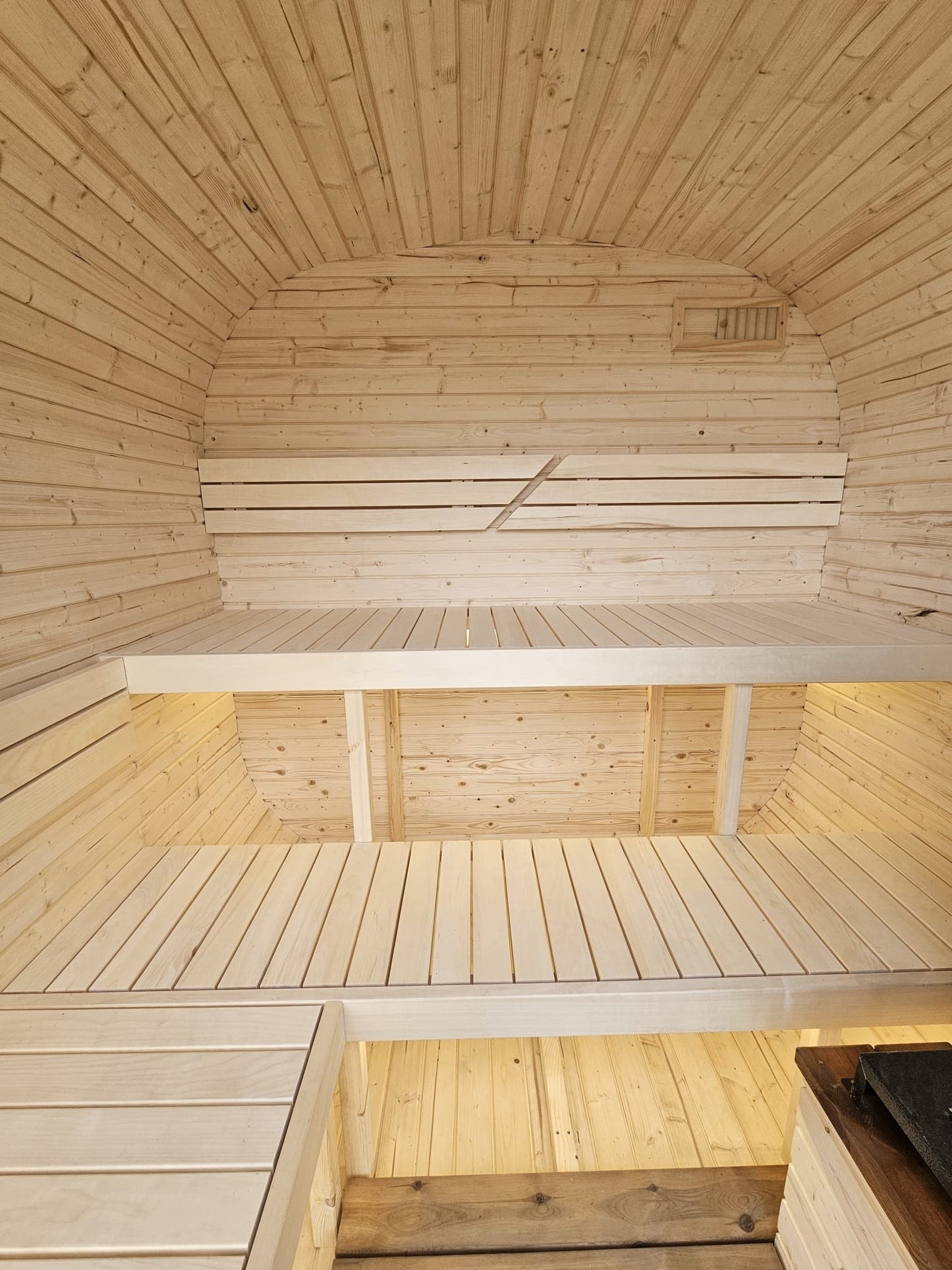 Cube Sauna 2m interior with two-tier benches in light linden wood