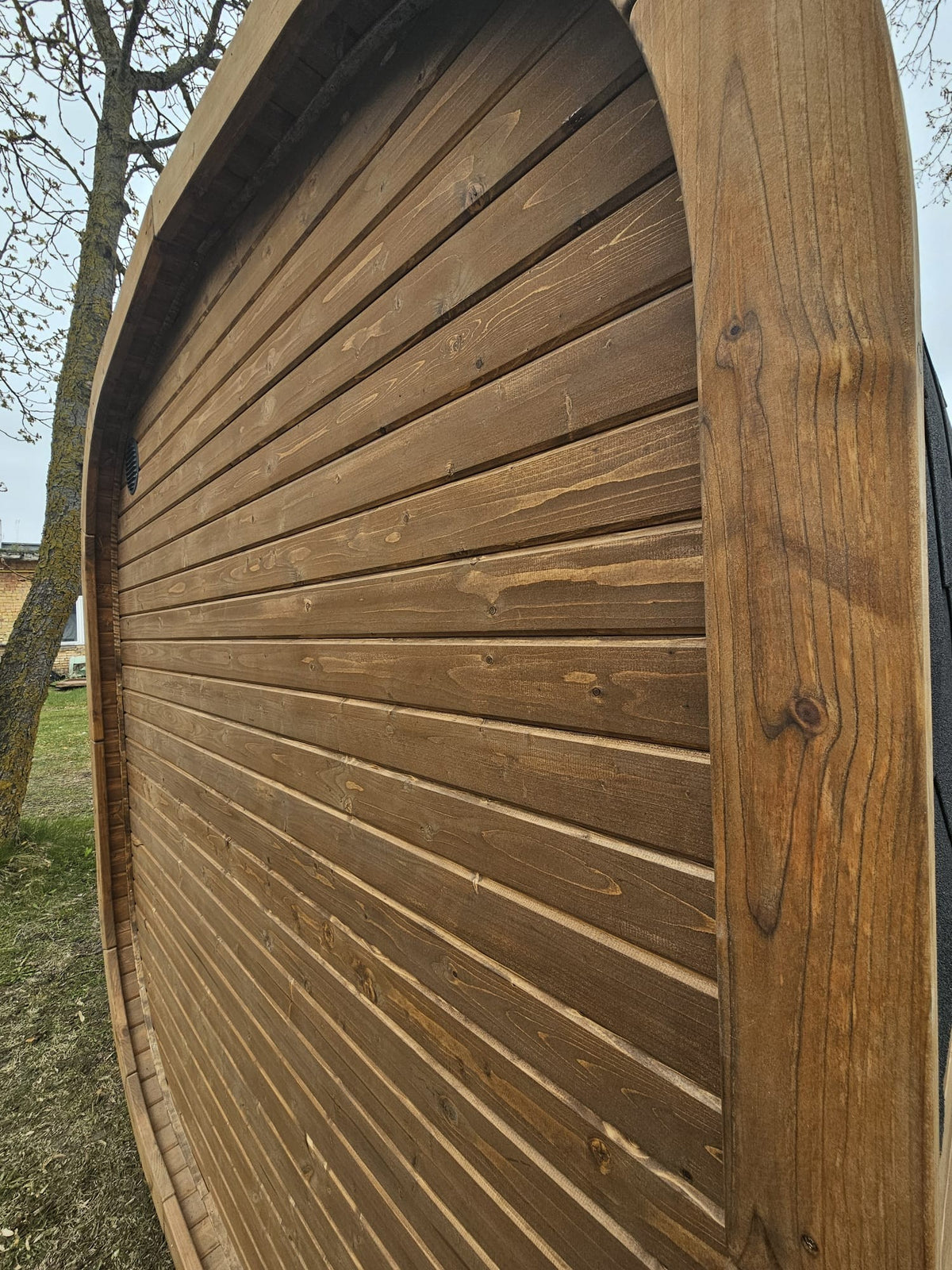 Cube Sauna 2m thermowood cladding and rounded corner joinery detail