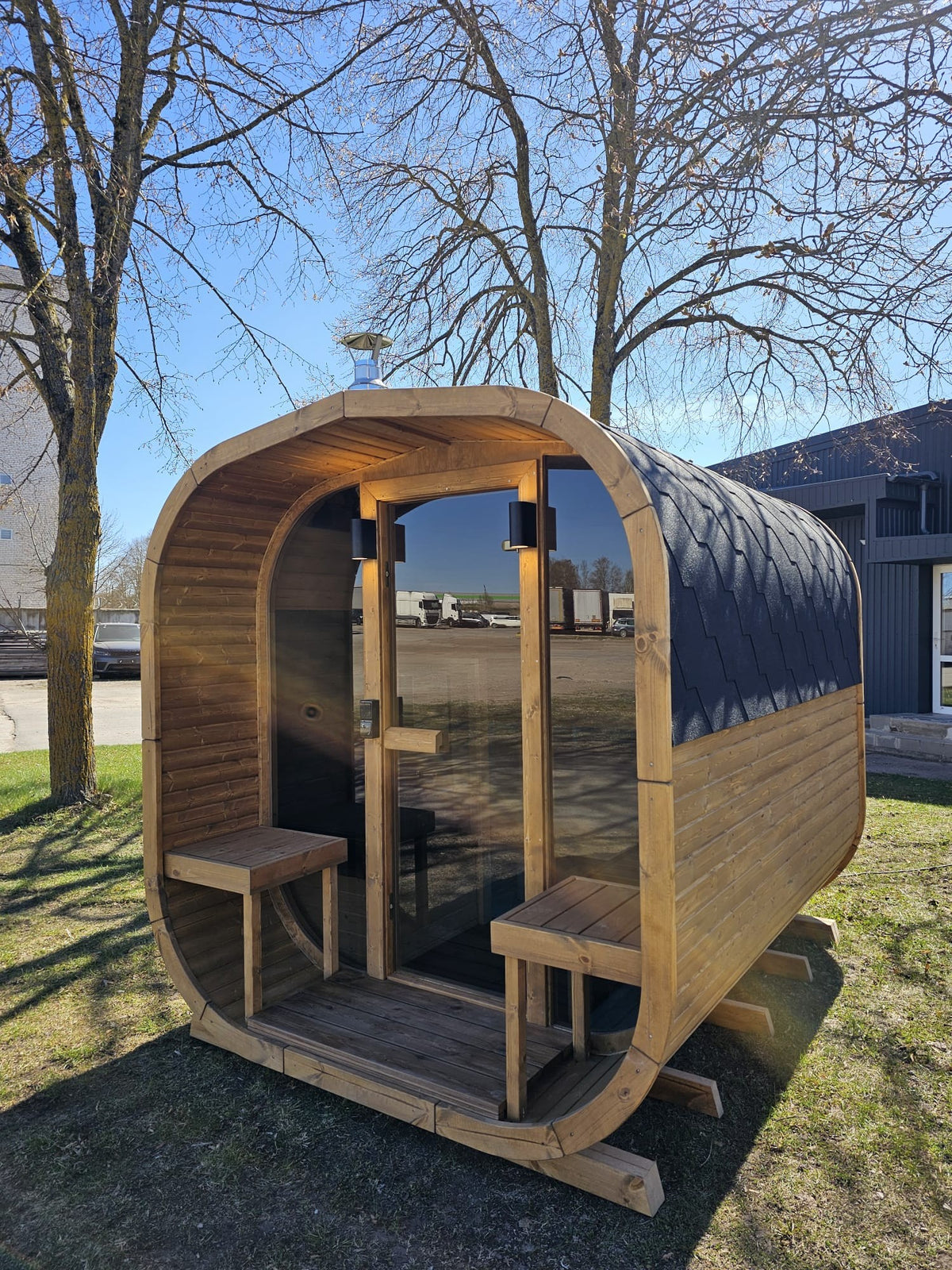 Cube Sauna 2m front view with door open and entrance step detail