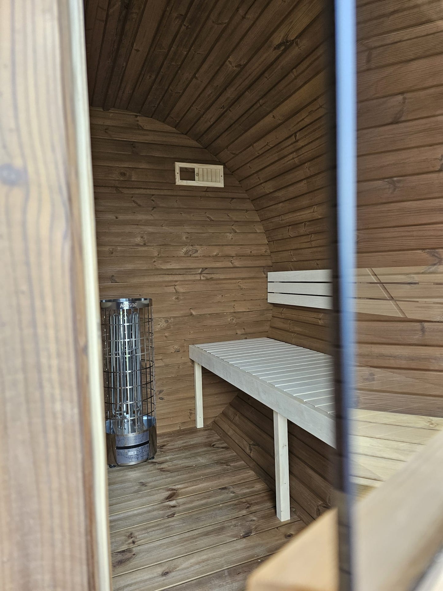 Harvia Cilindro 9kW heater fitted in the Vanne barrel sauna