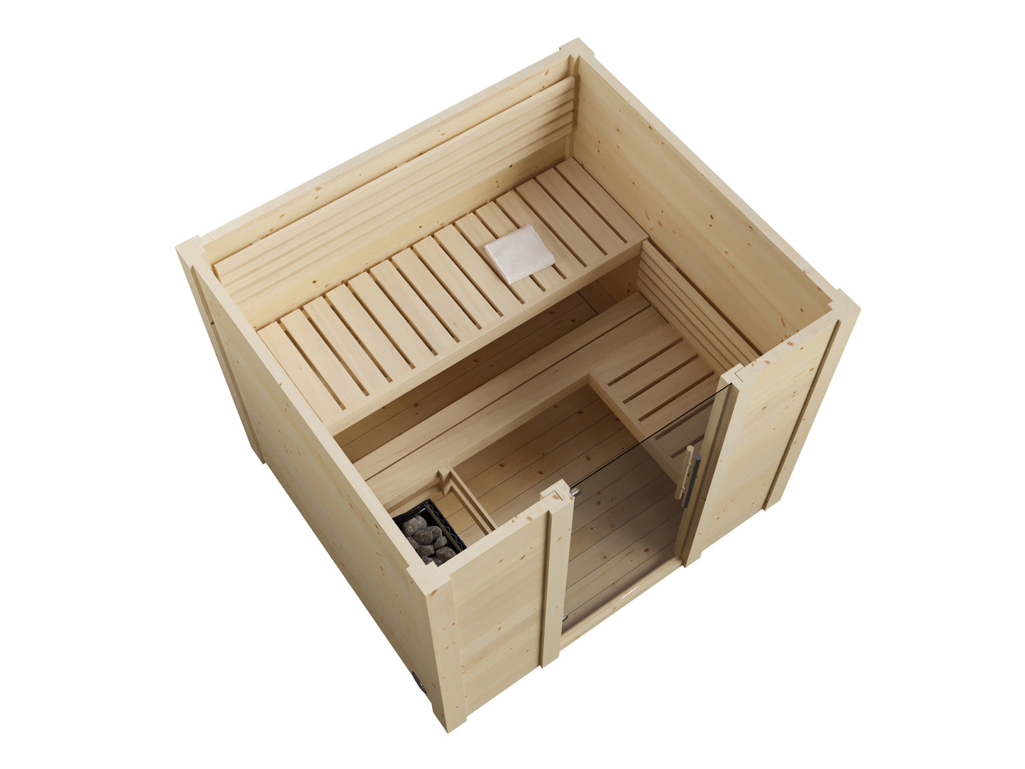 Honka 180 compact sauna cabin, front elevation with glass door