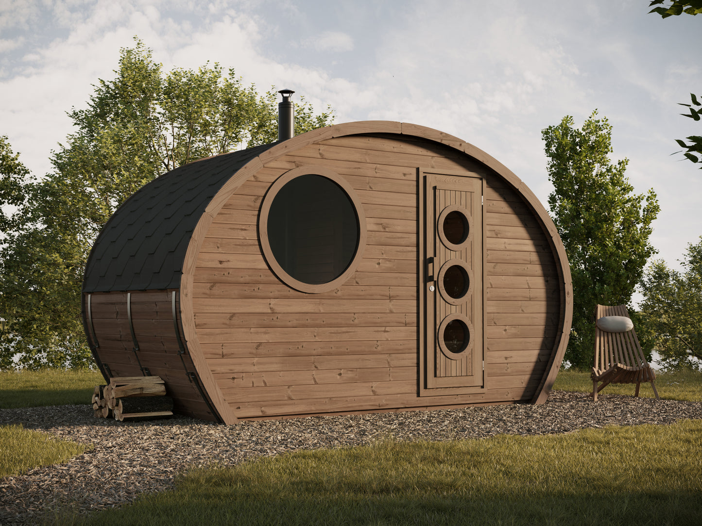 Steam & Oak Frodo 195 compact oval thermowood garden sauna with round window