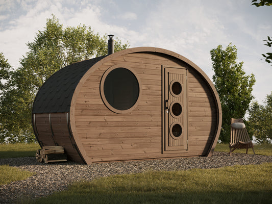 Steam & Oak Frodo 195 compact oval thermowood garden sauna with round window