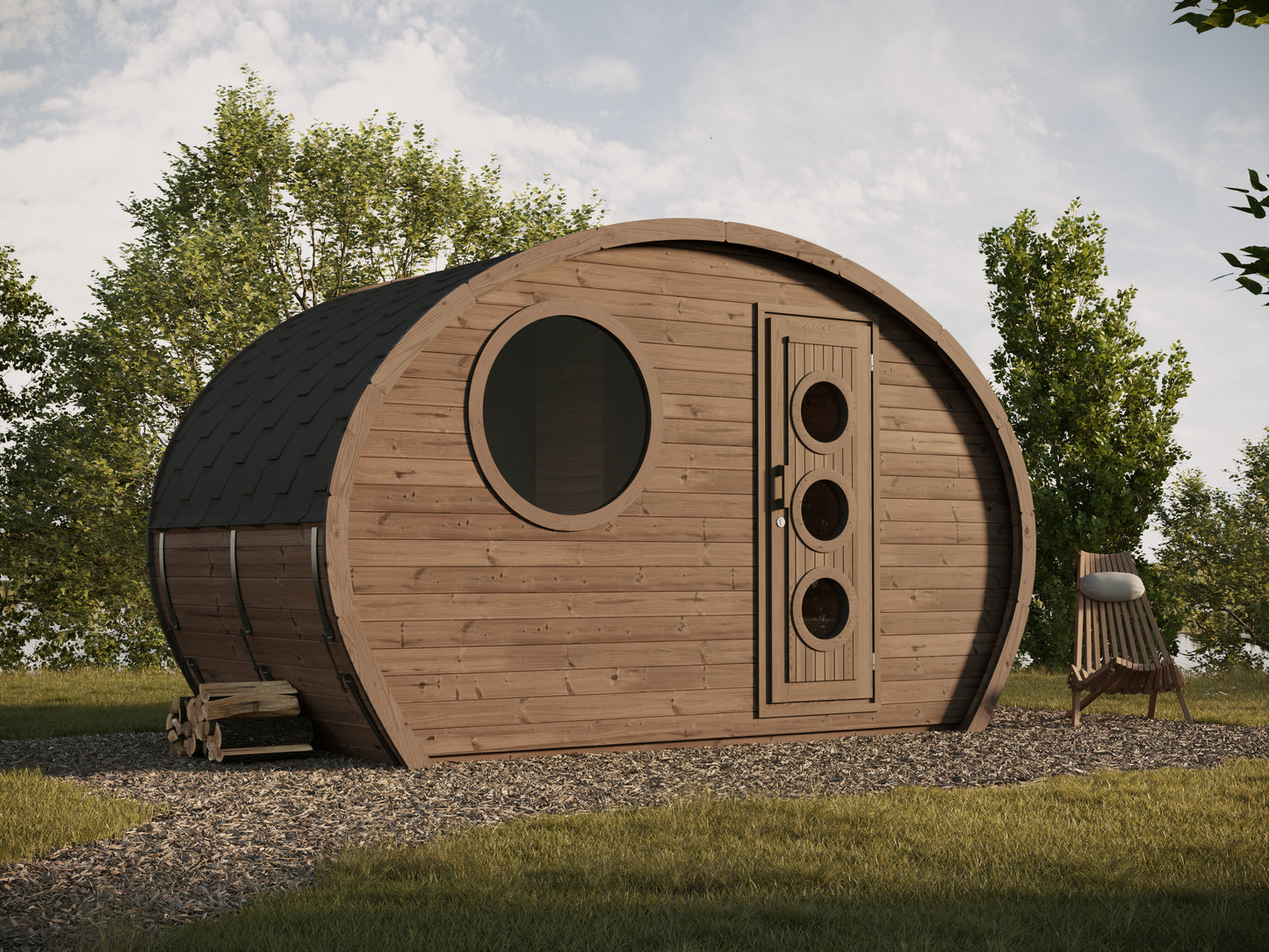 Frodo 195 oval sauna three-quarter view showing the curved thermowood shell
