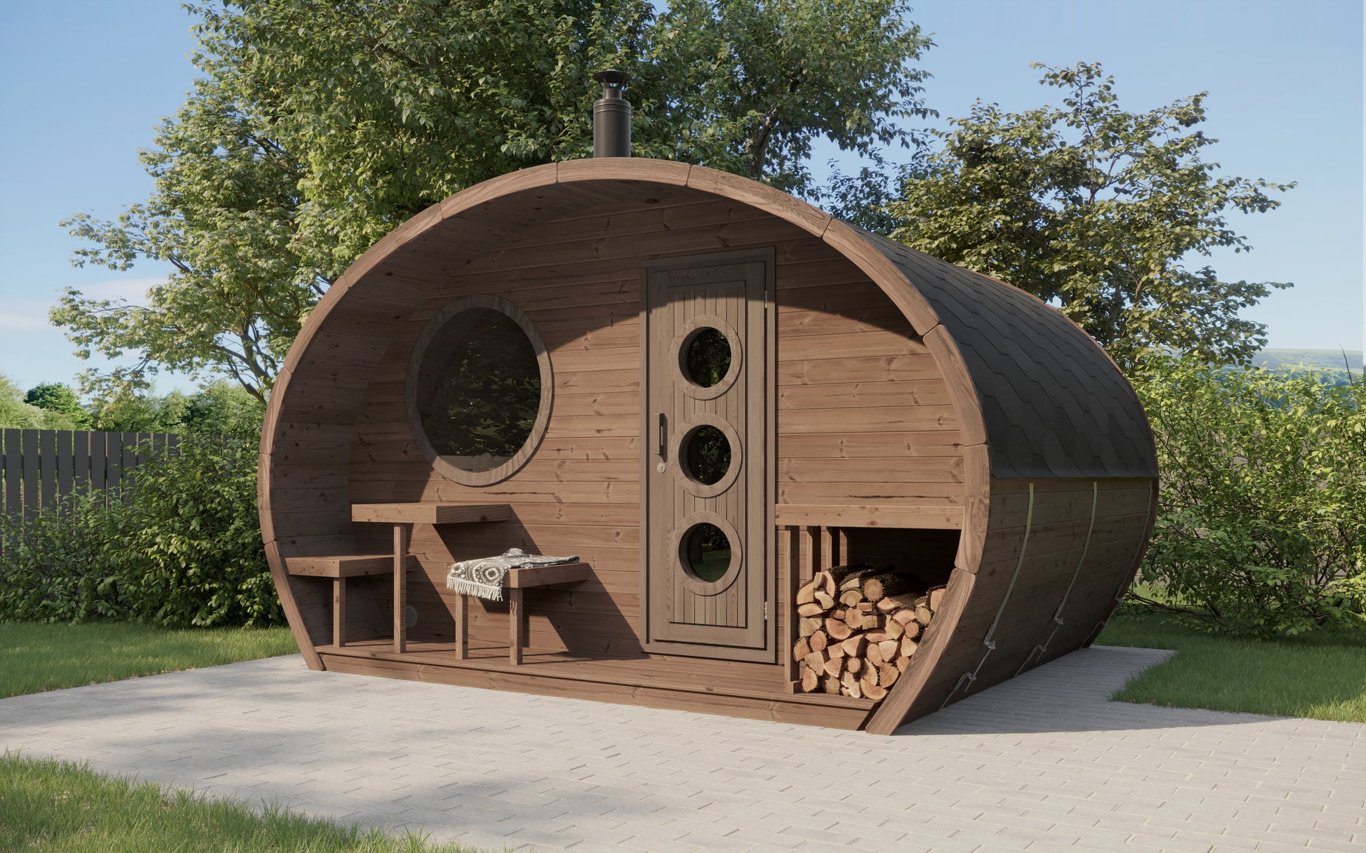 Steam & Oak Frodo 300 oval thermowood garden sauna with covered terrace, round window, porthole door and integrated log store