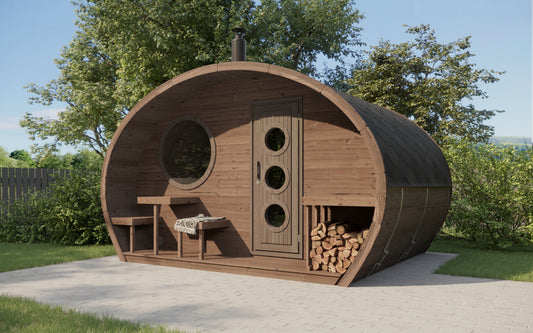 Steam & Oak Frodo 300 oval thermowood garden sauna with covered terrace, round window, porthole door and integrated log store