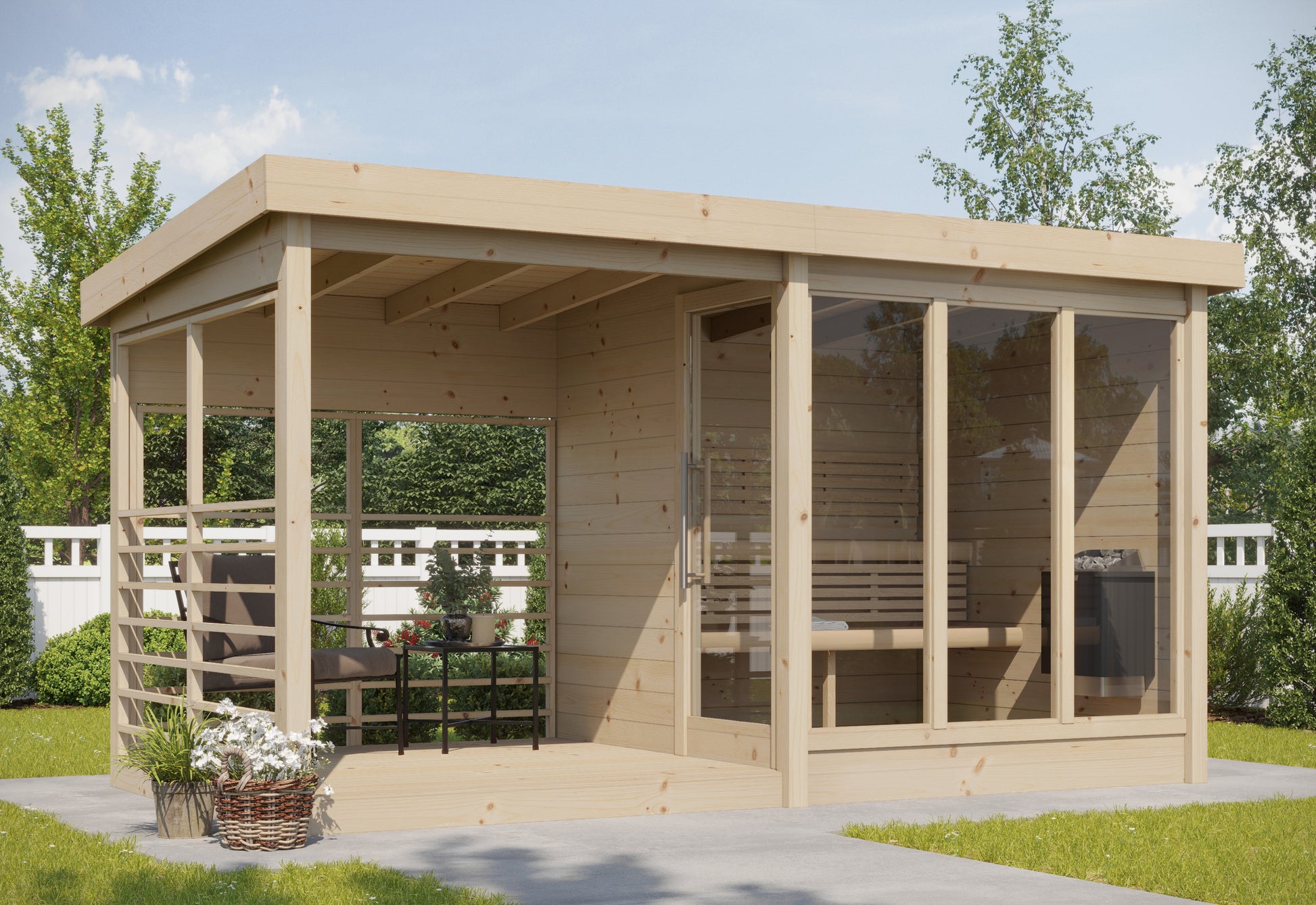 Steam & Oak Honka 215 Terrace sauna cabin with covered terrace and full glass front