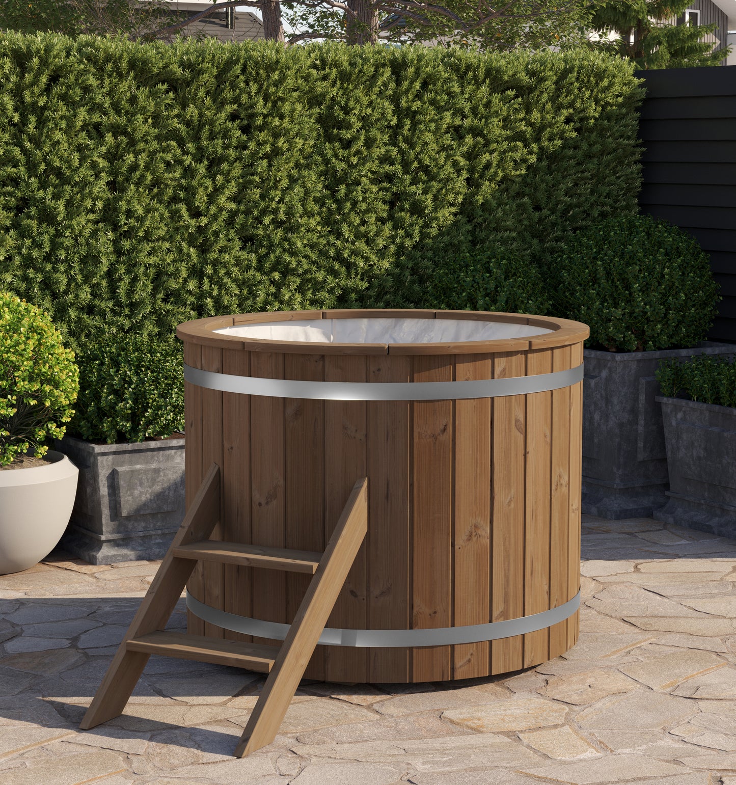 Steam & Oak Halla 120 round banded timber cold plunge tub with ladder