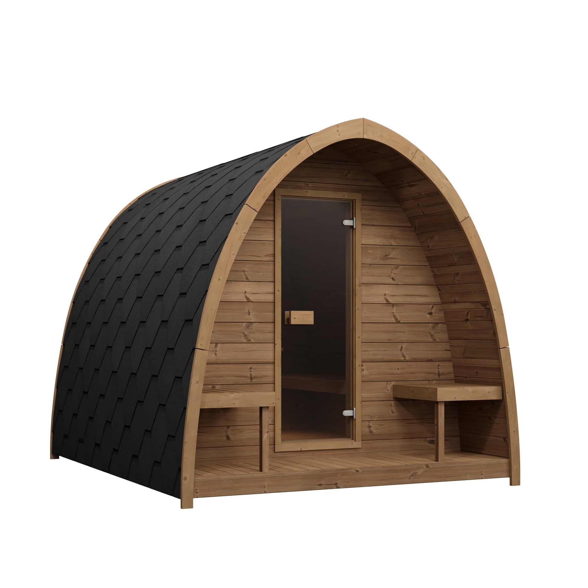 Steam & Oak Kelo 300 arched sauna pod in thermowood, with bronze glass door and outdoor bench seats
