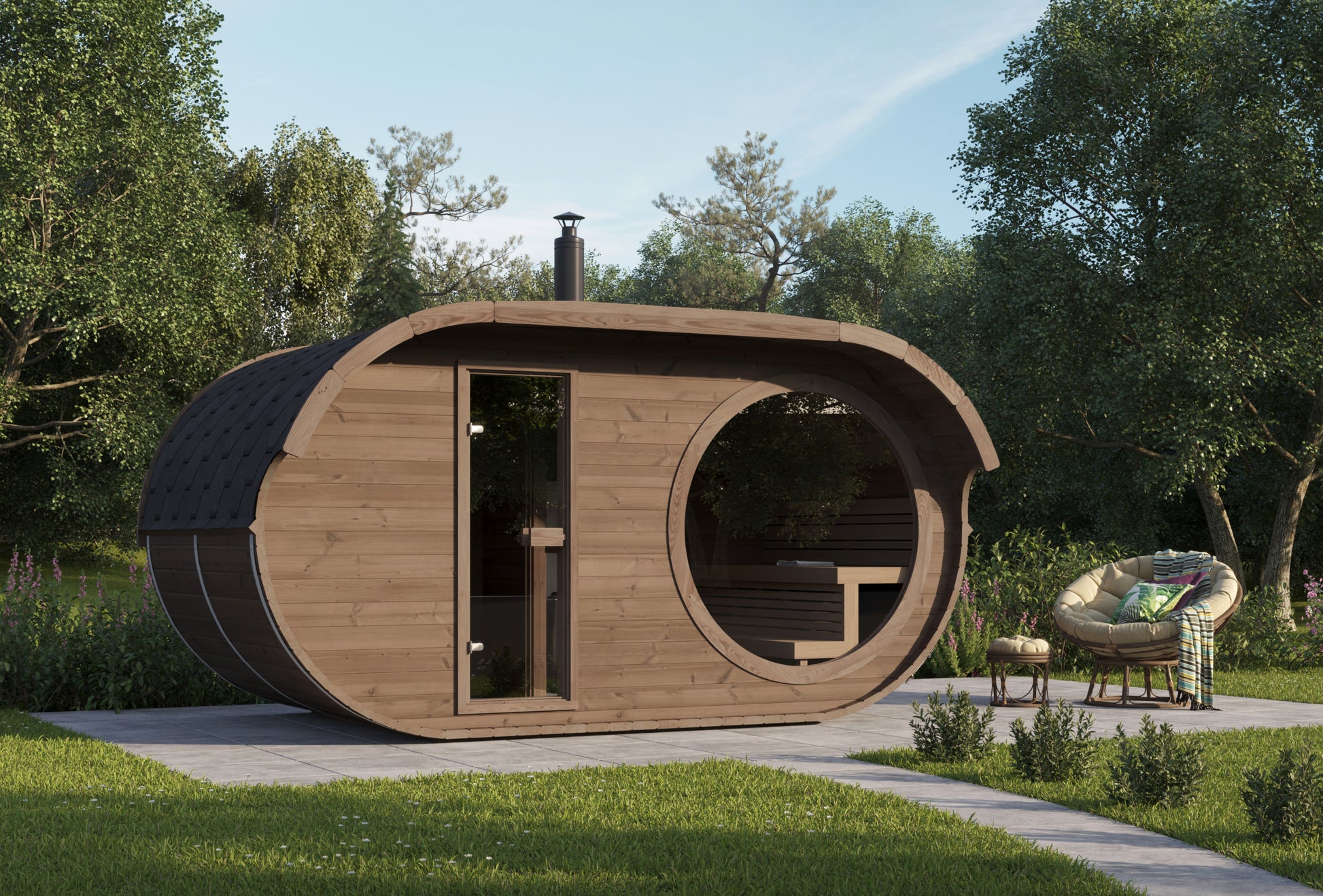 Steam & Oak Raiki 240 oval thermowood garden sauna in a garden setting, showing the 1.5 m round window and glass door
