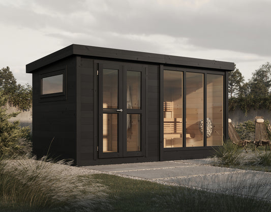 Steam & Oak Honka 215 Lobby sauna cabin with enclosed entrance room and glass front