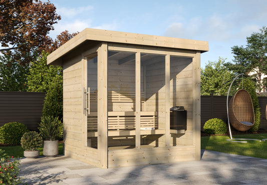 Steam & Oak Honka 215 sauna cabin with full glass front wall and mono-pitch roof