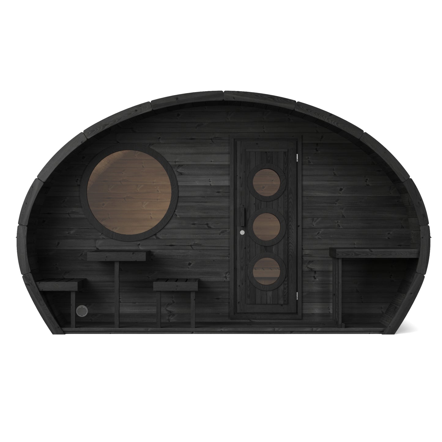 Frodo 300 oval sauna end elevation with stainless steel bands