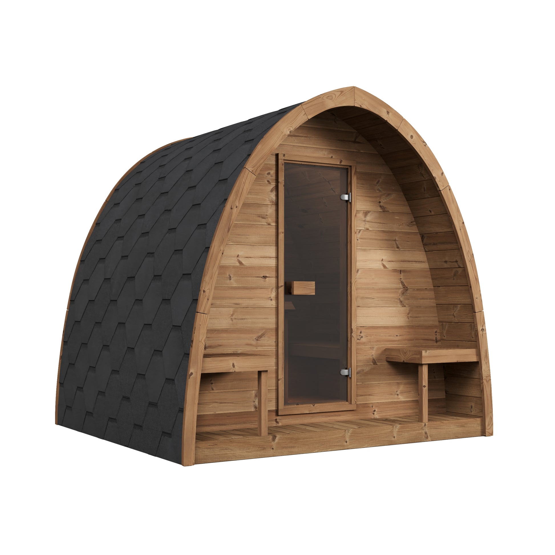 Kelo 220 sauna pod three-quarter view showing the pointed arch shell