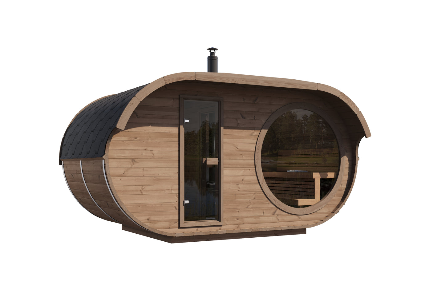 Raiki 240 oval sauna three-quarter view showing the curved thermowood shell, glass door and round window