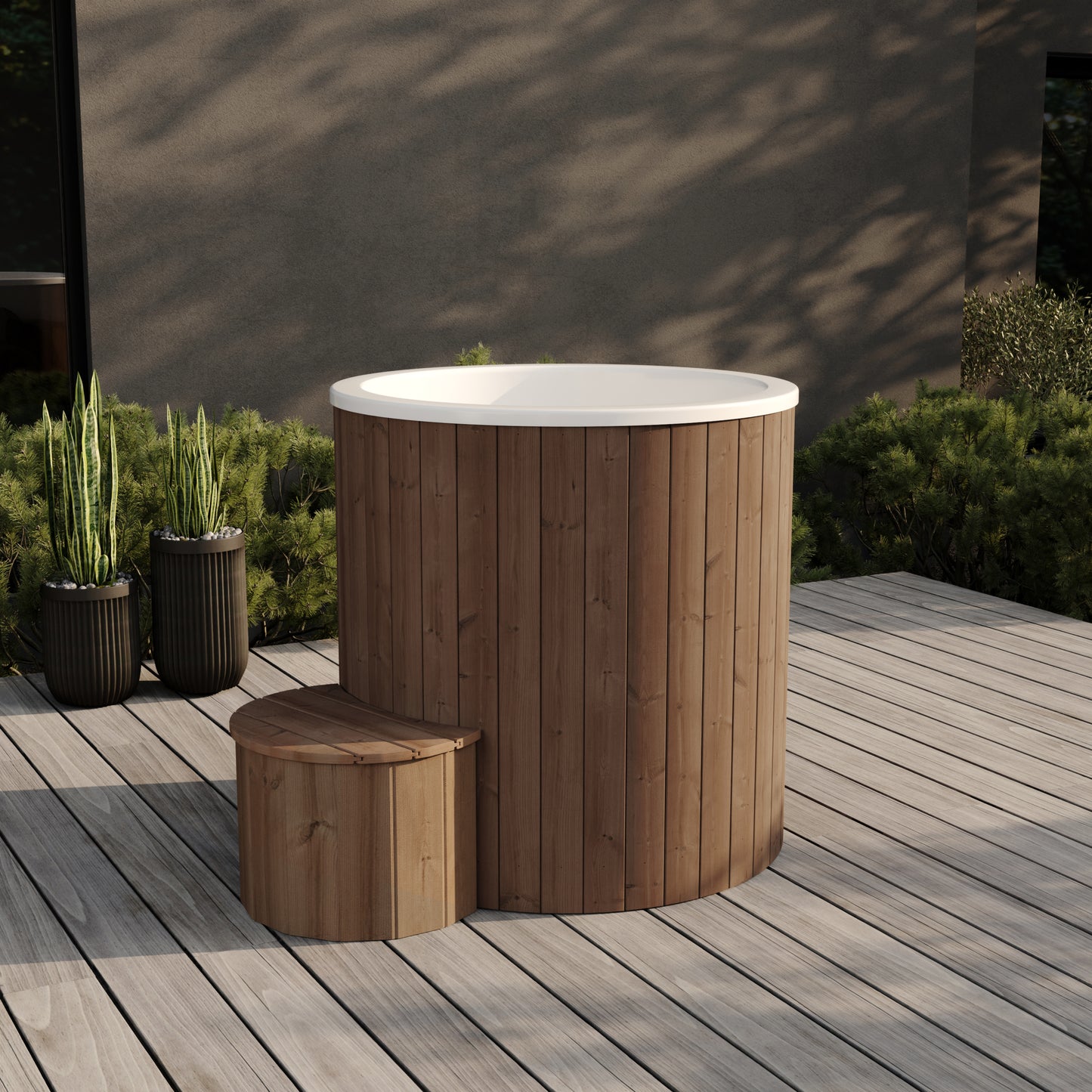 Steam & Oak Halla 100 cold plunge tub in thermowood with steps