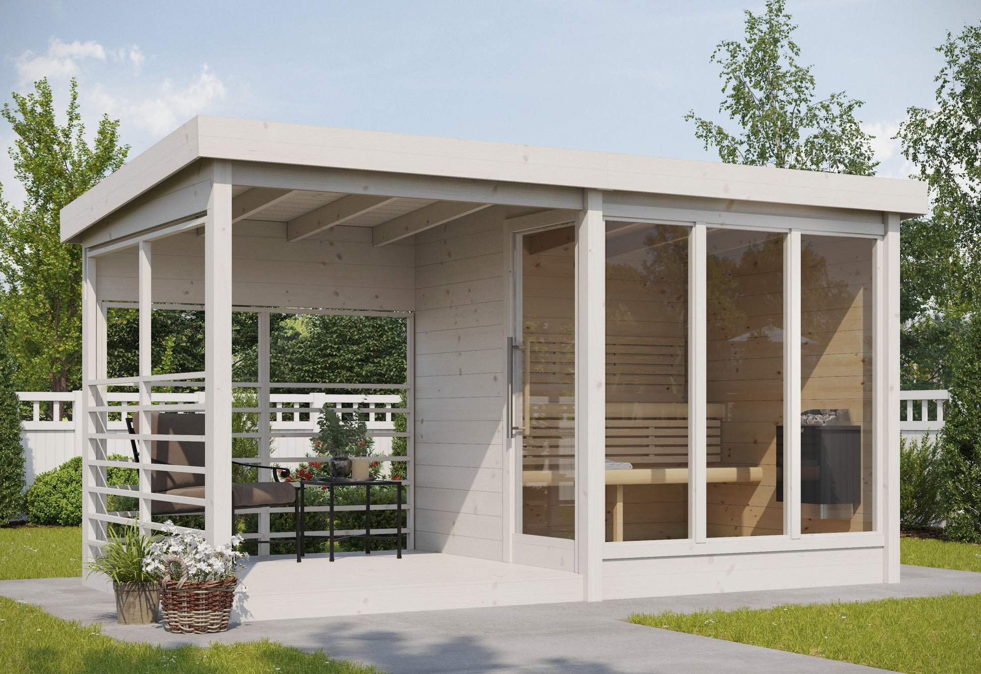 Honka 215 Terrace sauna cabin, three-quarter view showing the terrace