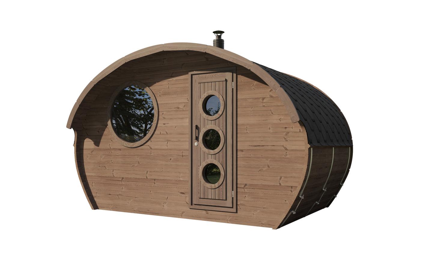 Frodo 240 oval sauna three-quarter view showing the curved thermowood shell and shingle roof