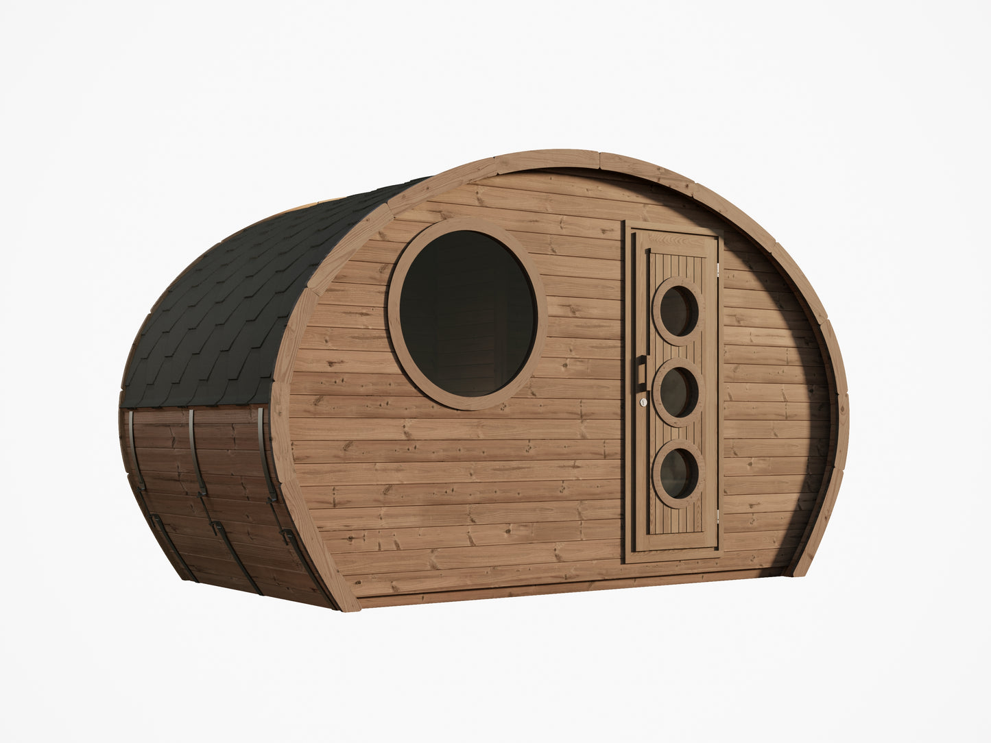 Frodo 195 oval sauna front elevation with round window and porthole door