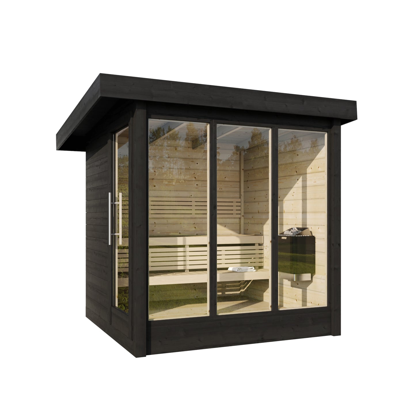 Honka 215 sauna cabin showing the glazed front