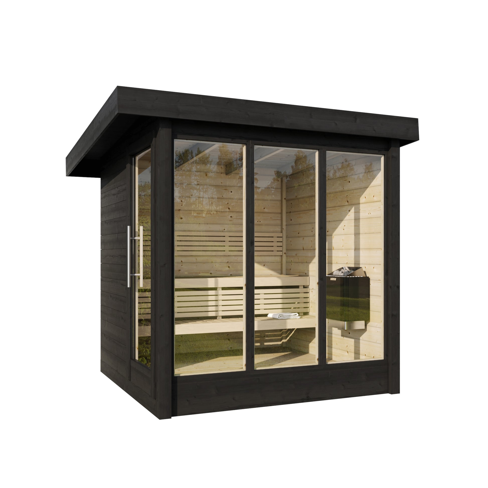 Honka 215 sauna cabin showing the glazed front