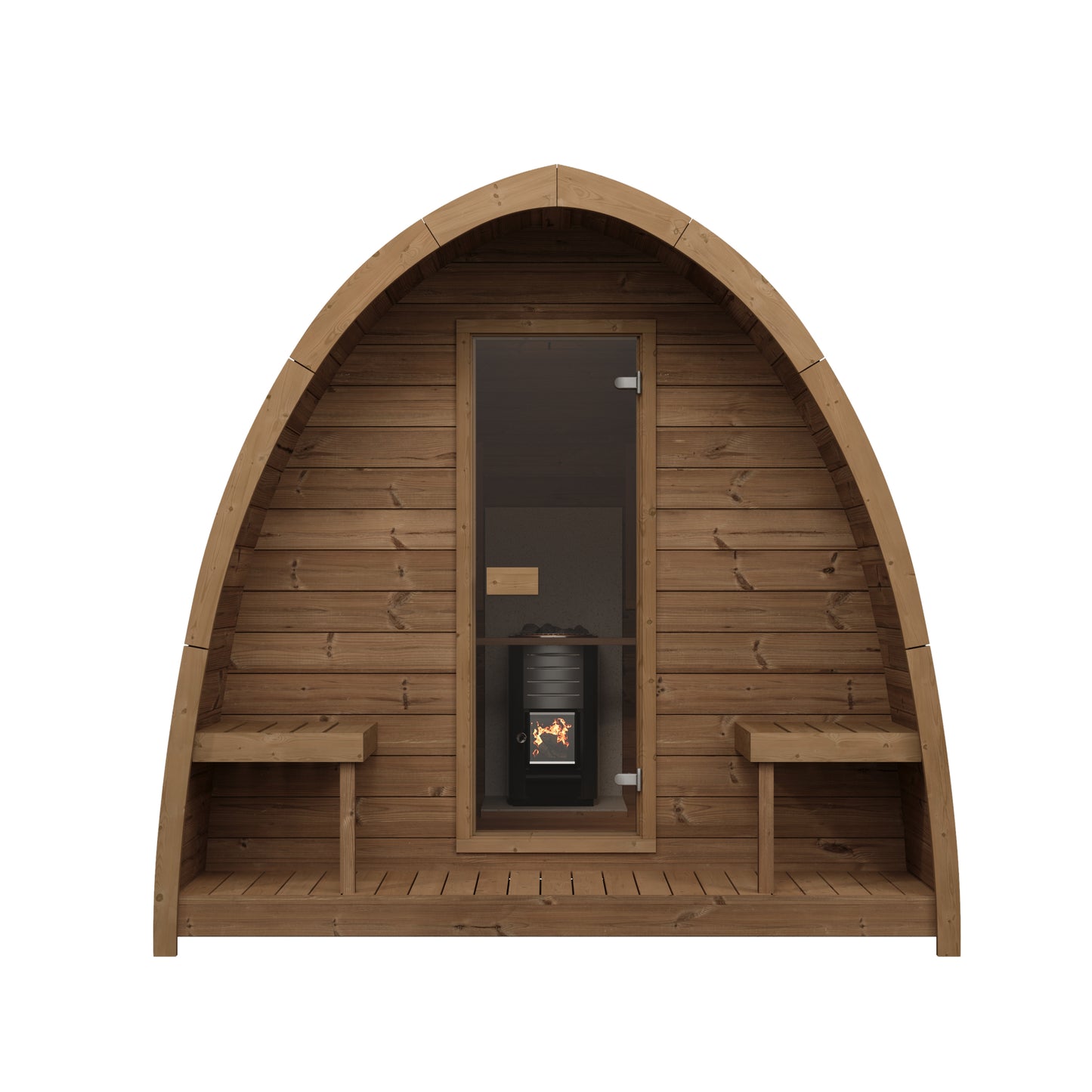 Kelo 300 sauna pod three-quarter view showing the pointed arch shell