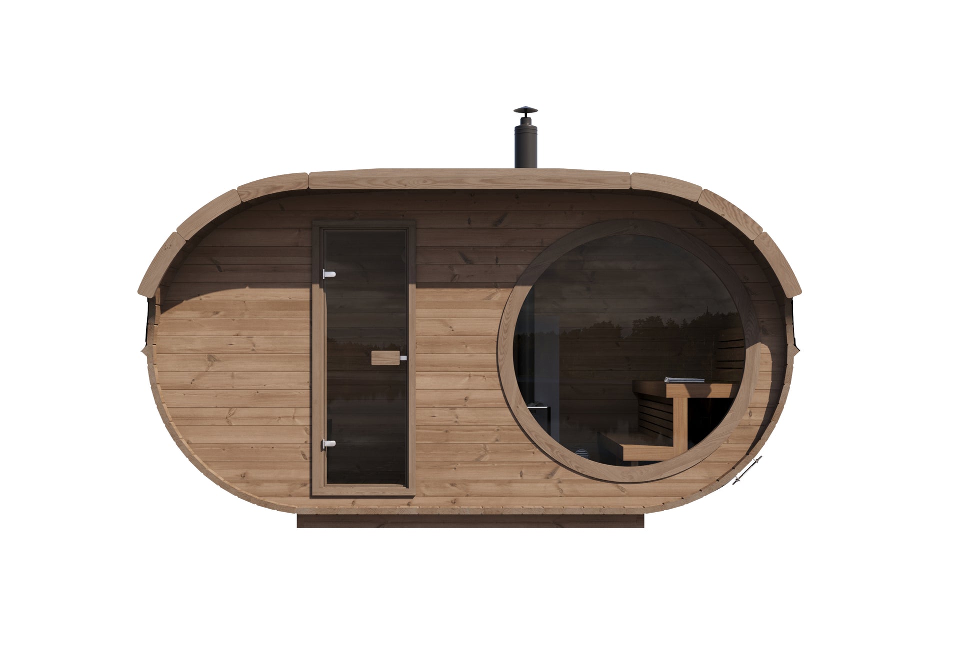 Raiki 240 oval sauna — front elevation of the thermowood shell with shingle roof