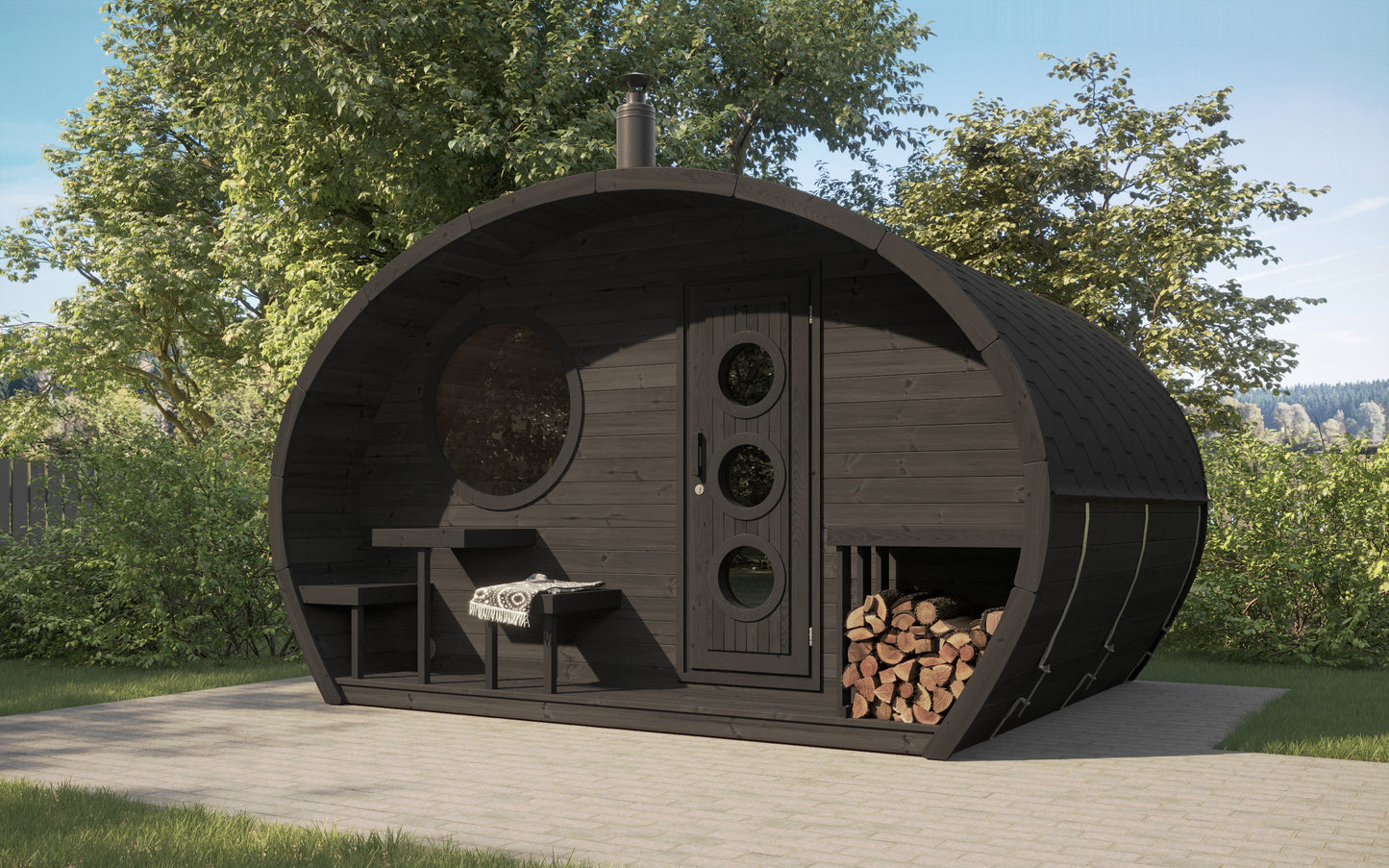 Frodo 300 oval sauna showing the covered terrace and bench seating