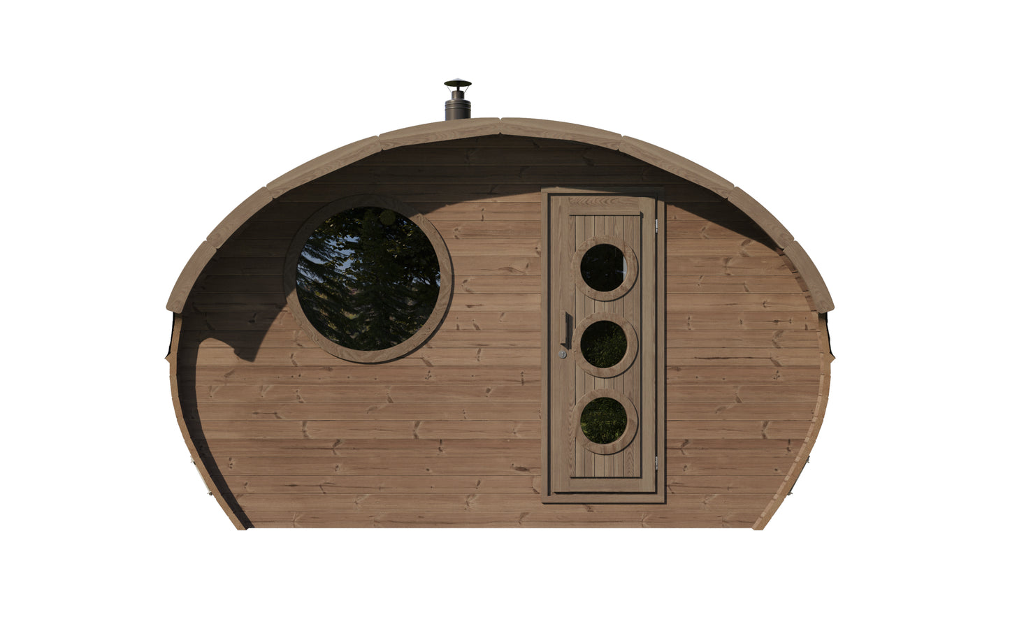 Frodo 240 oval sauna front elevation with Ø900 mm round window and three-porthole timber door