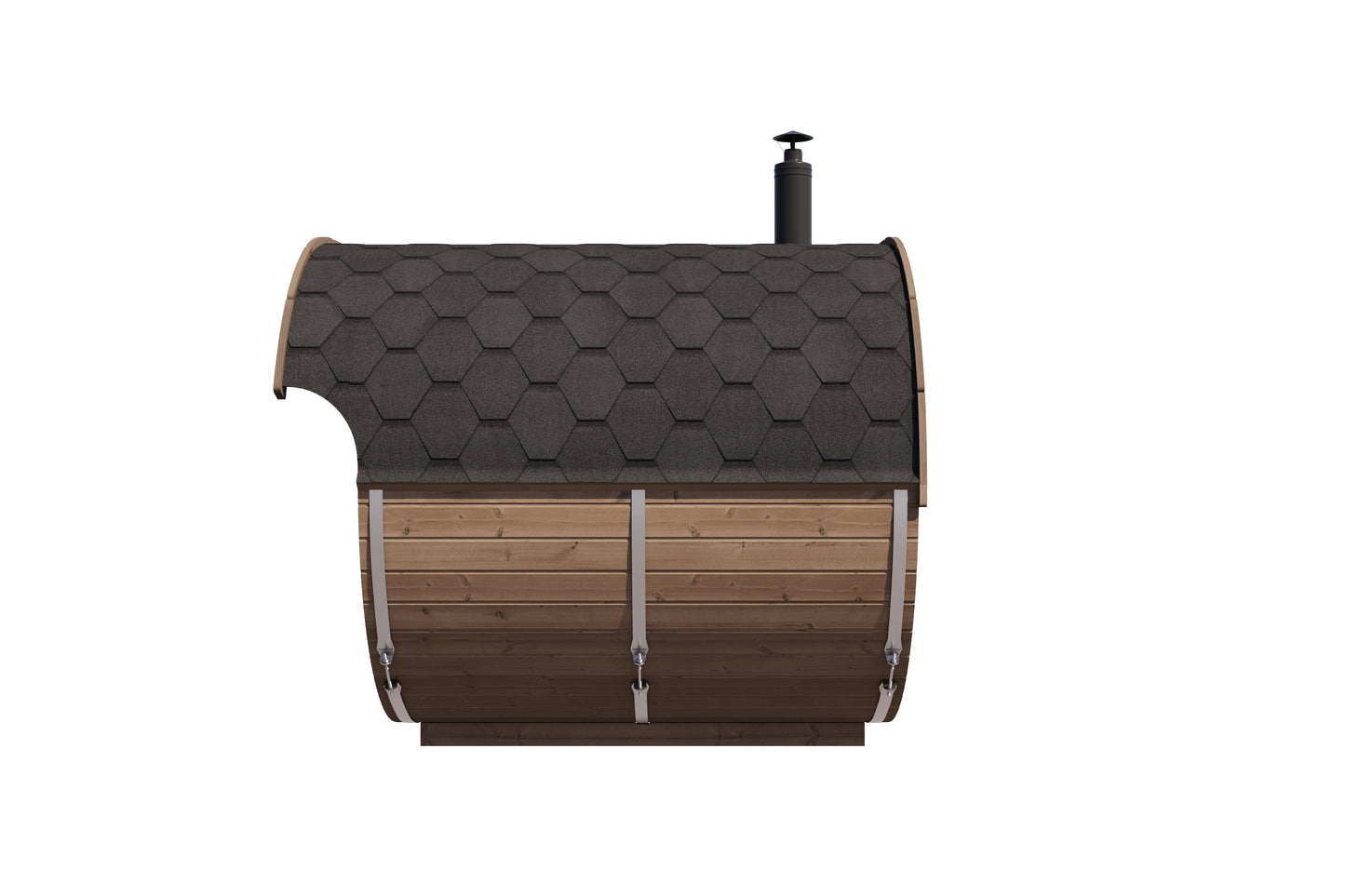 Raiki 240 oval sauna rear elevation showing the thermowood cladding and flue position