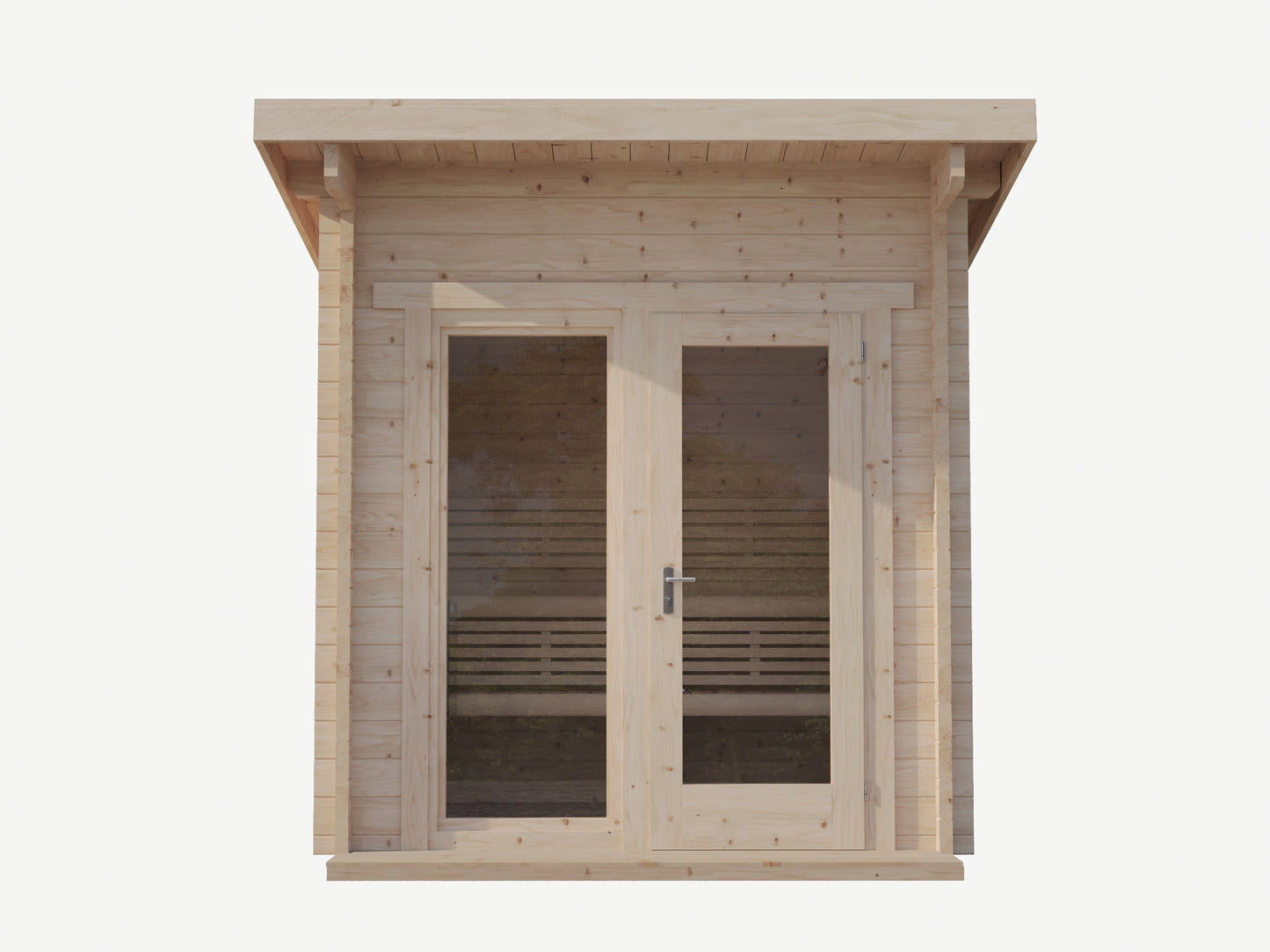 Honka 210 Panorama sauna cabin showing the glazed corner