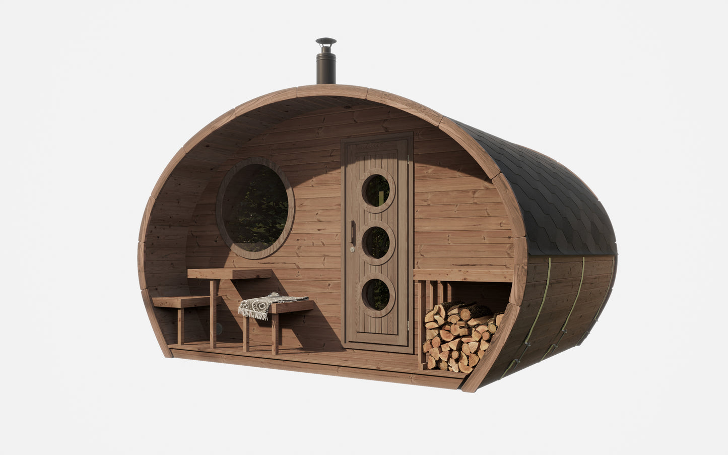 Frodo 300 oval sauna front elevation with round window and glass door