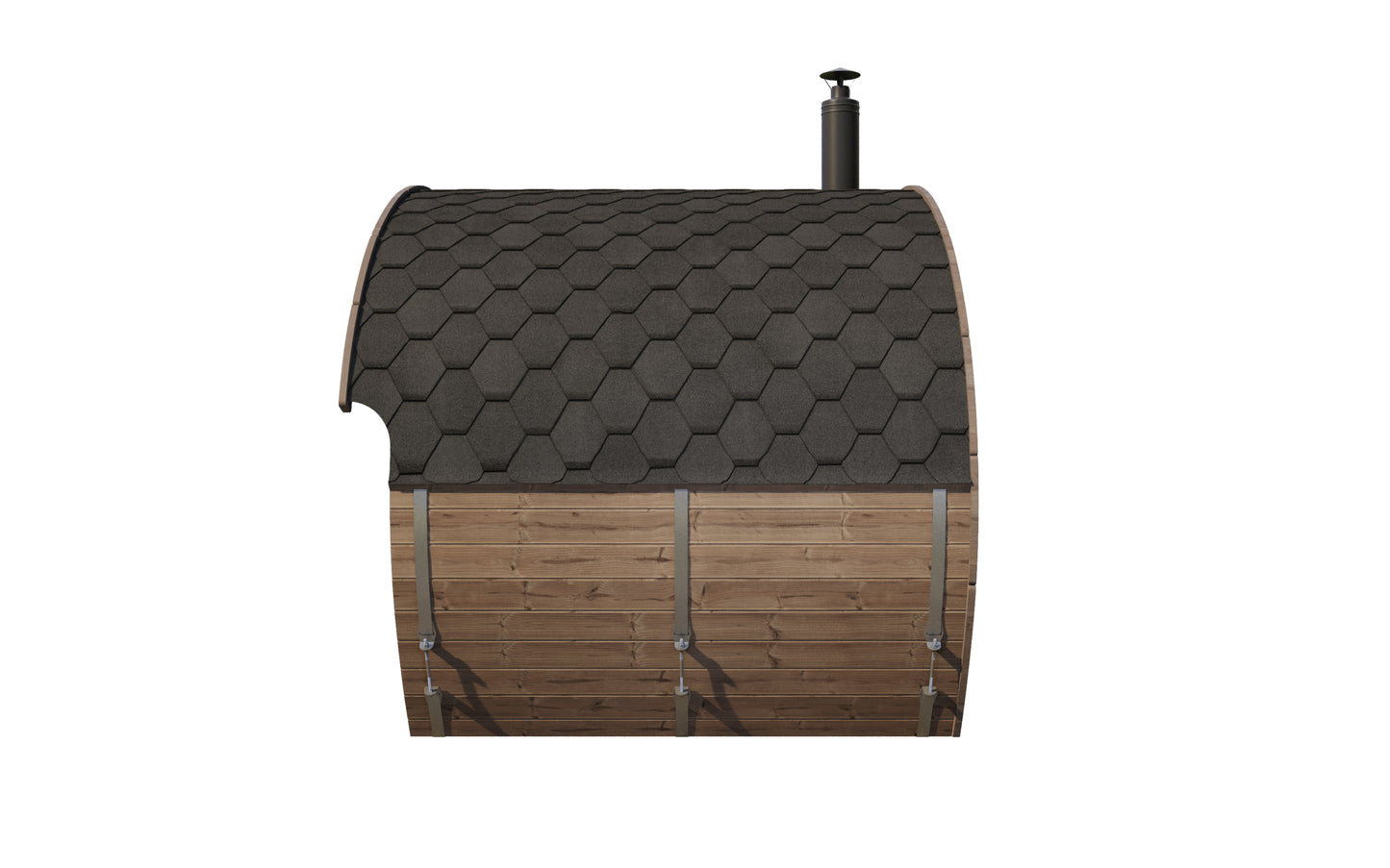 Frodo 240 oval sauna side elevation showing the curved thermowood cladding
