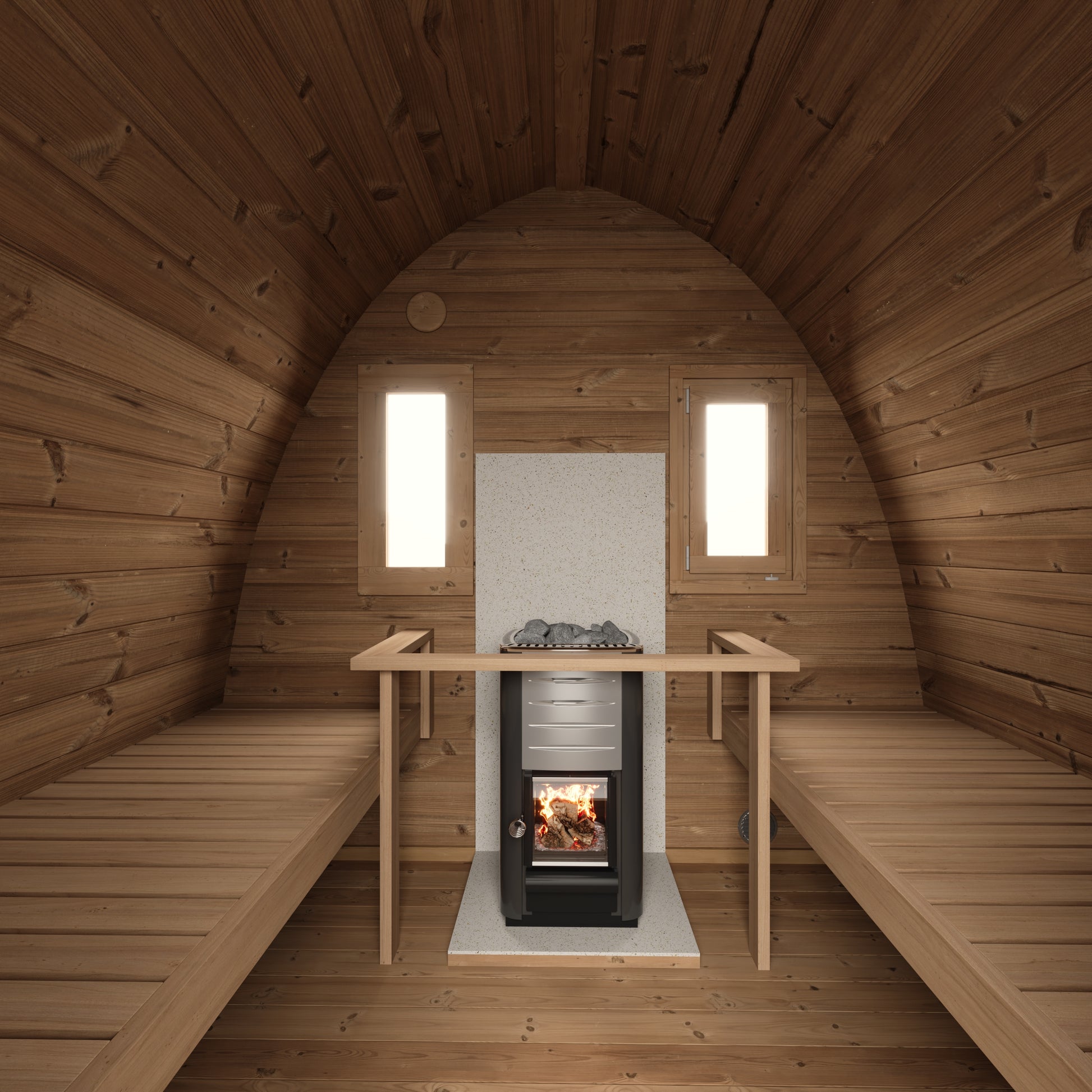 Kelo 300 sauna pod side elevation showing the shingled arch sweeping to the ground