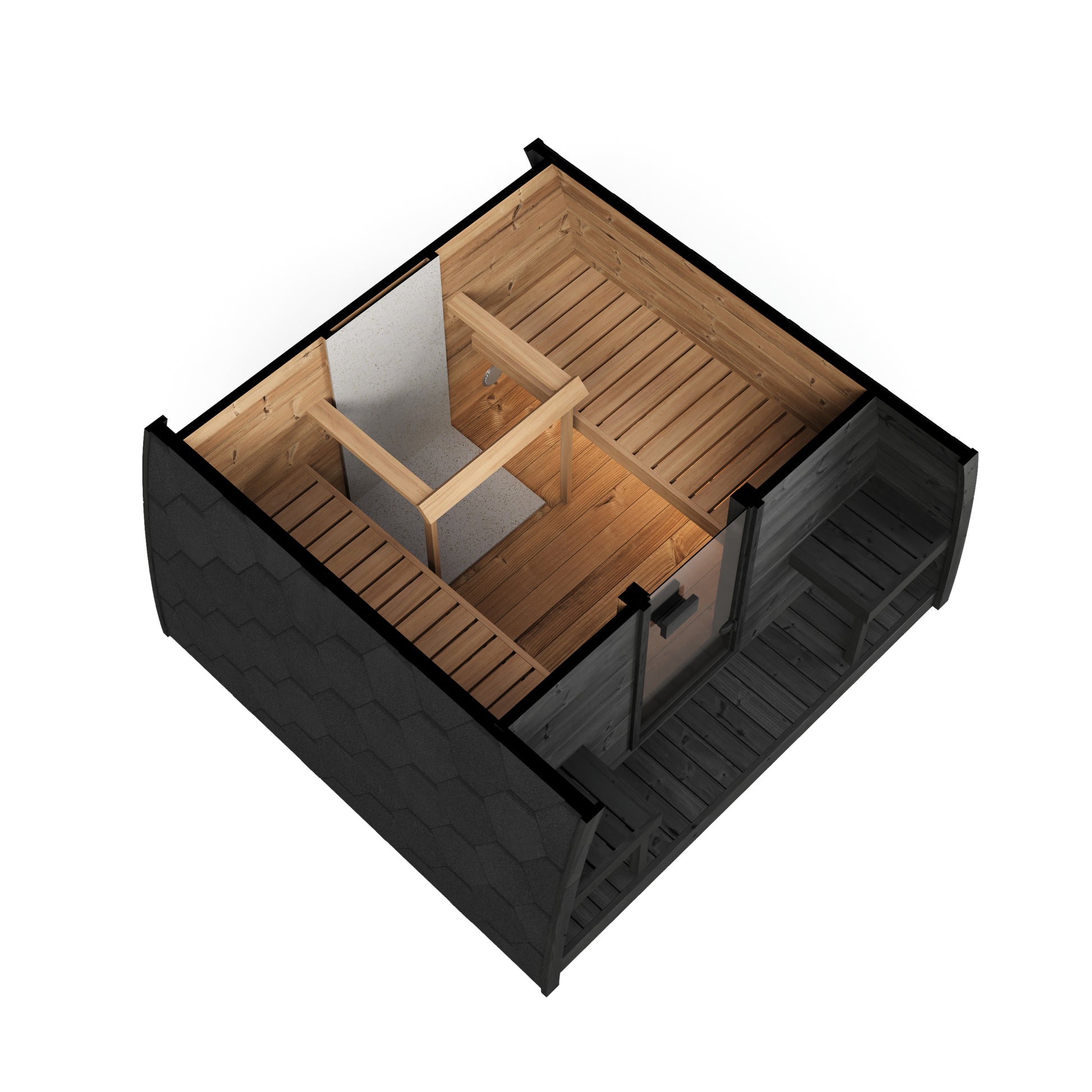 Kelo 220 sauna pod cutaway with the roof removed, showing the single hot room, L-shaped bench and heater position