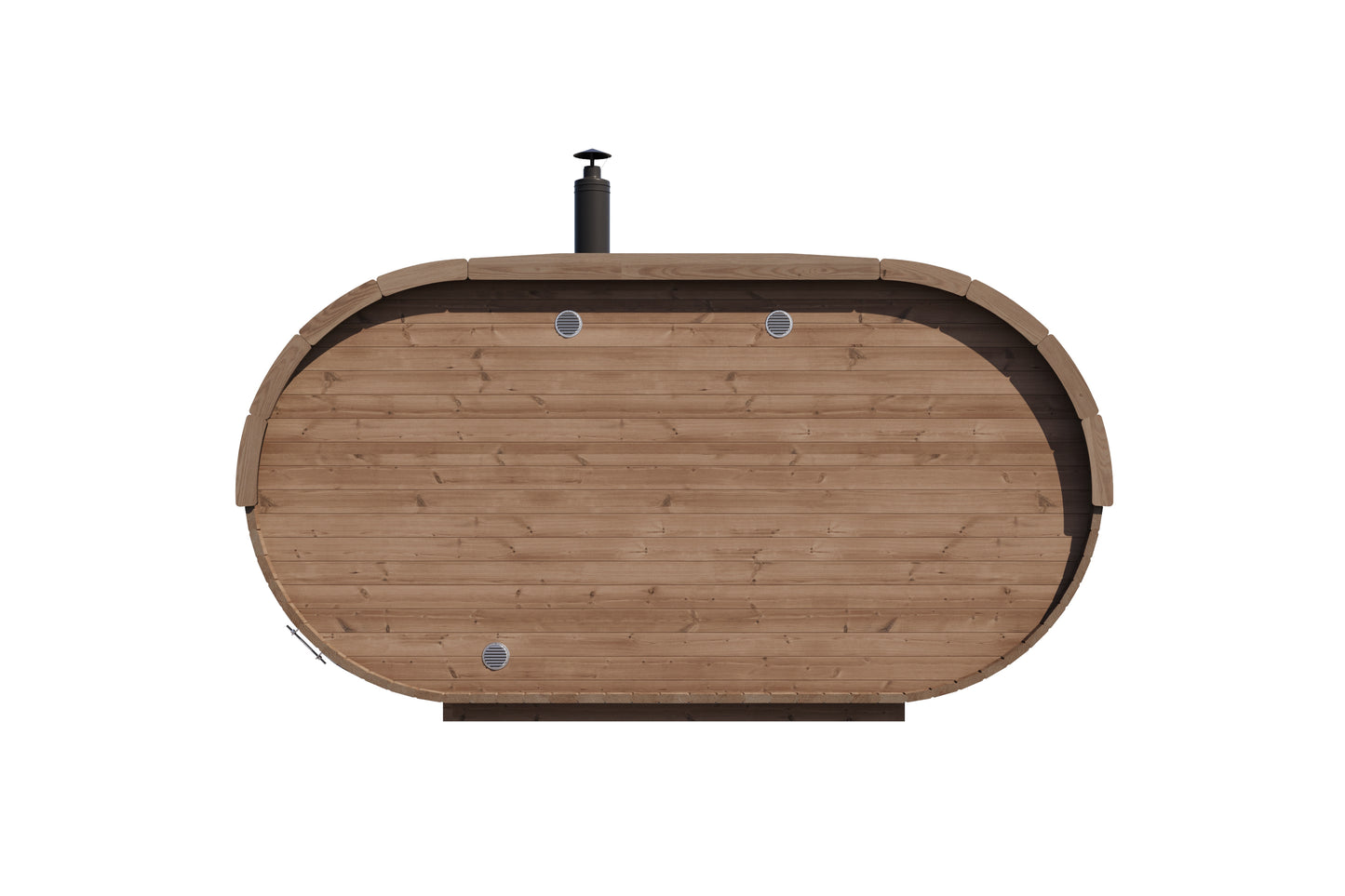 Raiki 240 oval sauna viewed from above, showing the oval footprint, flue and ventilation grids