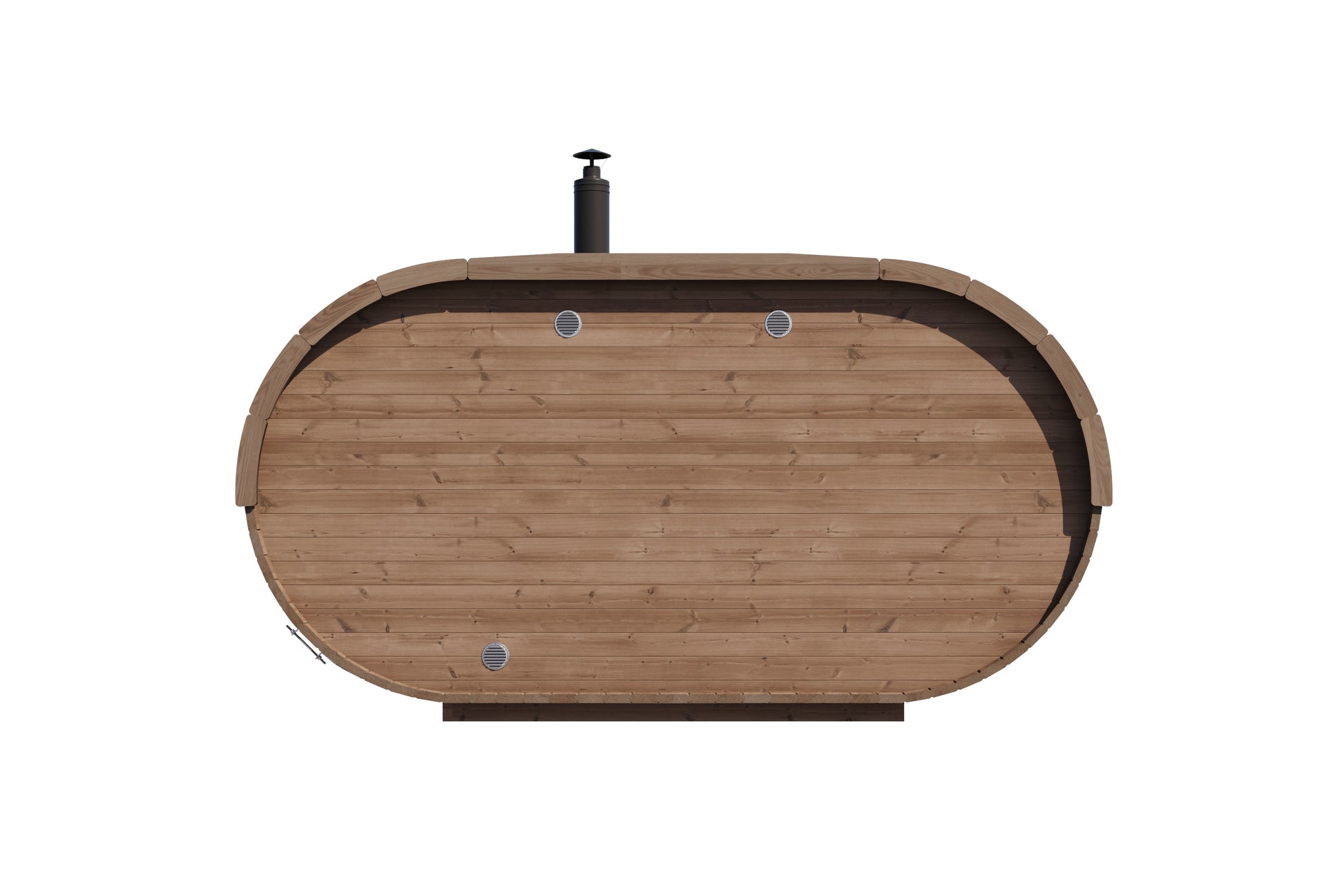 Raiki 240 oval sauna viewed from above, showing the oval footprint, flue and ventilation grids