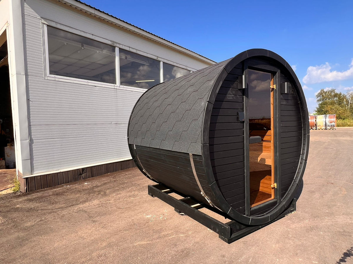 Hiili 2m black barrel sauna solid rear wall and side elevation