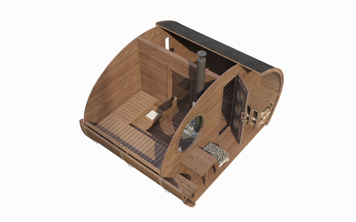 Frodo 300 oval sauna side view showing the curved thermowood shell