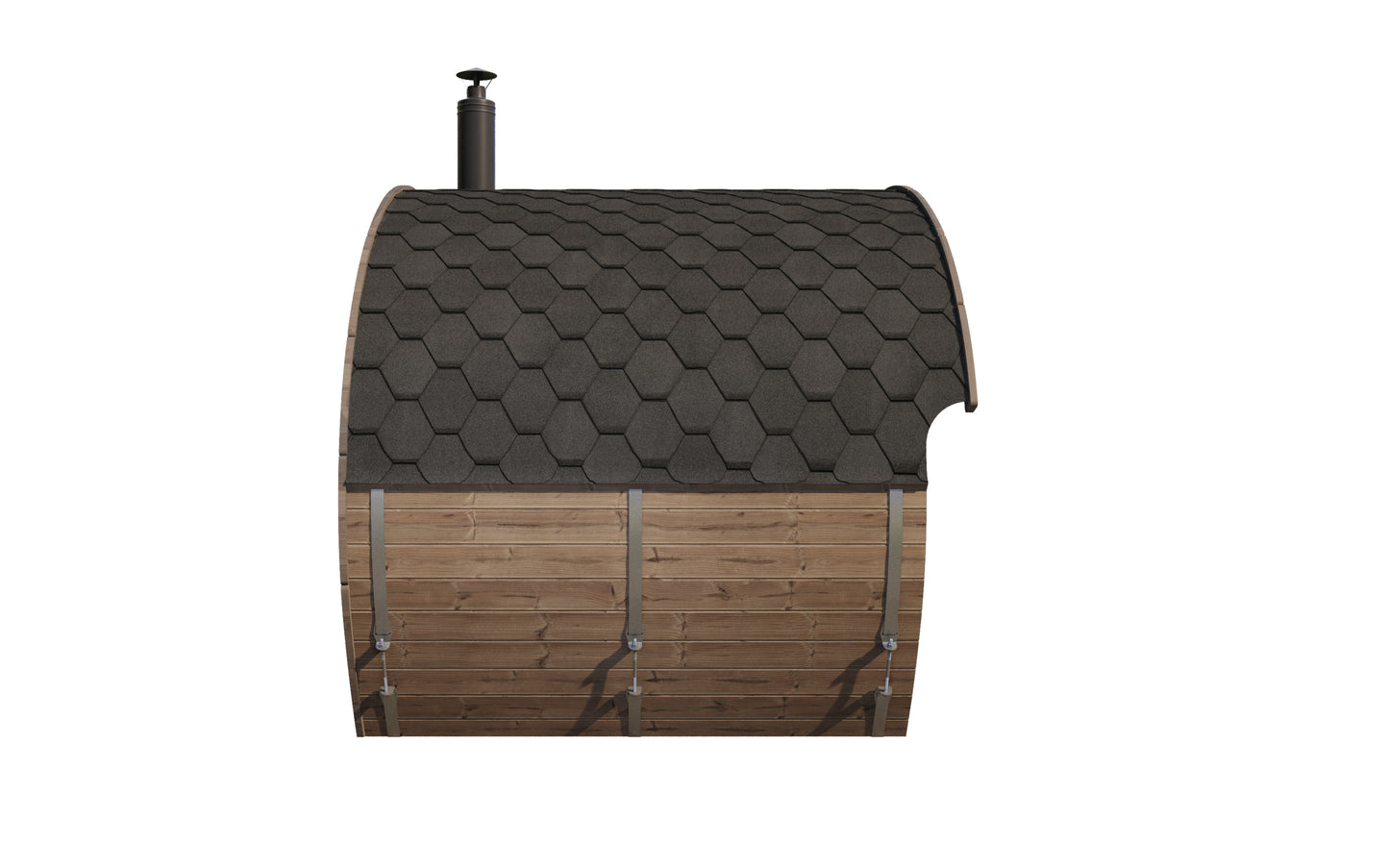 Frodo 240 oval sauna end elevation with stainless steel bands and flue